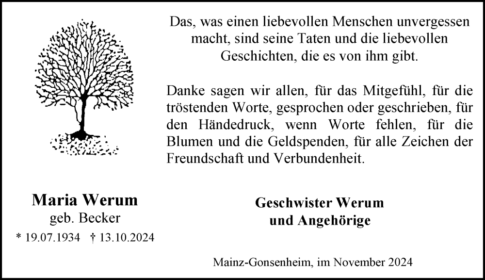  Traueranzeige für Maria Werum vom 16.11.2024 aus Allgemeine Zeitung Mainz