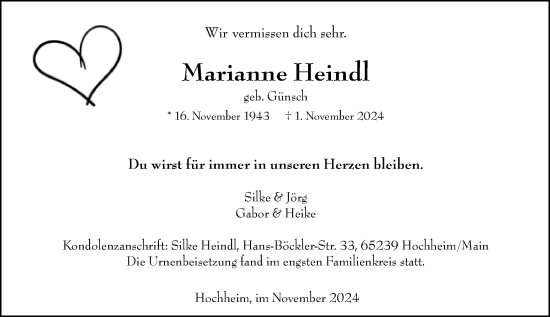 Traueranzeige von Marianne Heindl von Hochheimer Zeitung