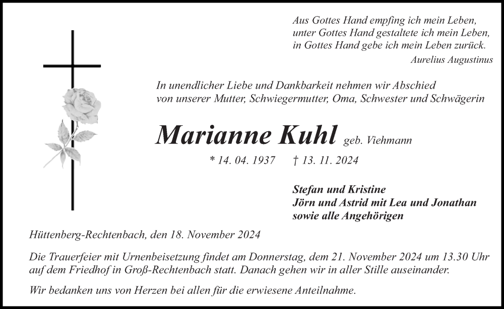  Traueranzeige für Marianne Kuhl vom 18.11.2024 aus Wetzlarer Neue Zeitung