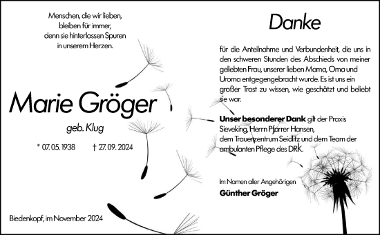 Traueranzeige von Marie Gröger von Hinterländer Anzeiger