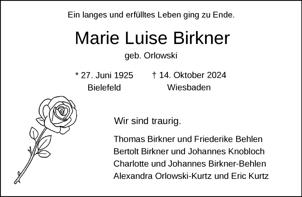  Traueranzeige für Marie Luise Birkner vom 16.11.2024 aus Wiesbadener Kurier
