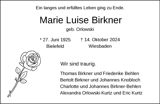 Traueranzeige von Marie Luise Birkner von Wiesbadener Kurier