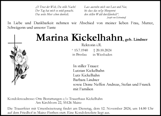 Traueranzeige von Marina Kickelhahn von Allgemeine Zeitung Mainz