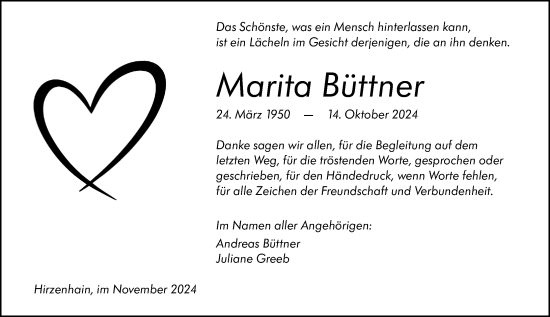 Traueranzeige von Marita Büttner von Dill Block