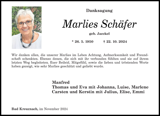 Traueranzeige von Marlies Schäfer von Allgemeine Zeitung Rheinhessen-Nahe