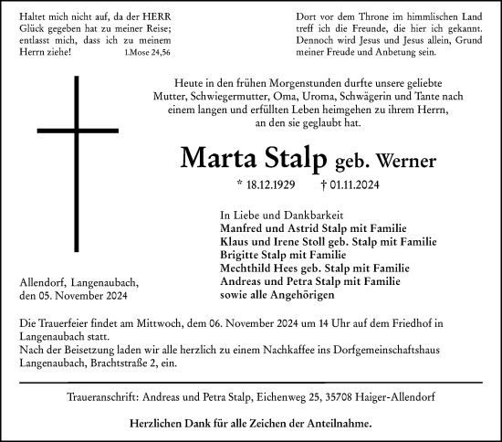 Traueranzeige von Marta Stalp von Dill Block