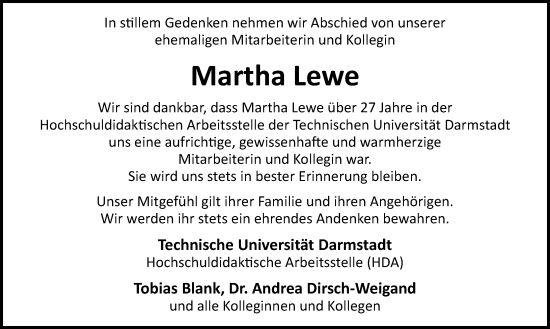 Traueranzeige von Martha Lewe von Darmstädter Echo