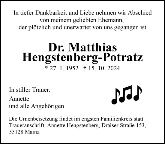 Traueranzeige von Matthias Hengstenberg-Potratz von Allgemeine Zeitung Mainz