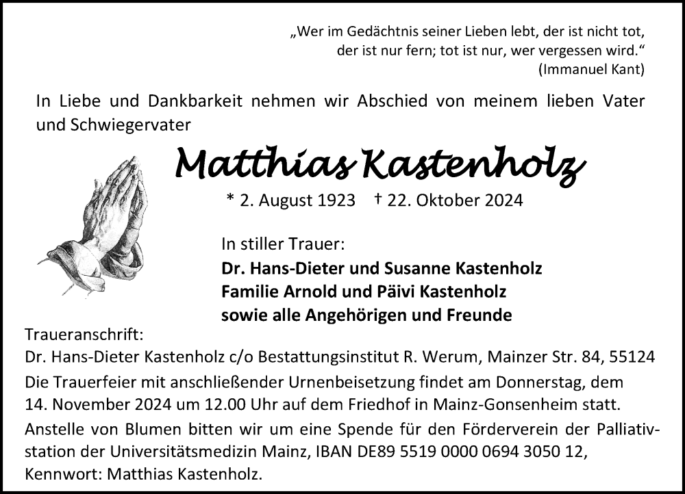  Traueranzeige für Matthias Kastenholz vom 02.11.2024 aus Allgemeine Zeitung Mainz
