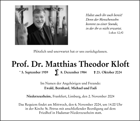 Traueranzeige von Matthias Theodor Kloft von Nassauische Neue Presse