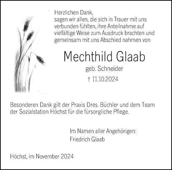 Traueranzeige von Mechthild Glaab von Odenwälder Echo