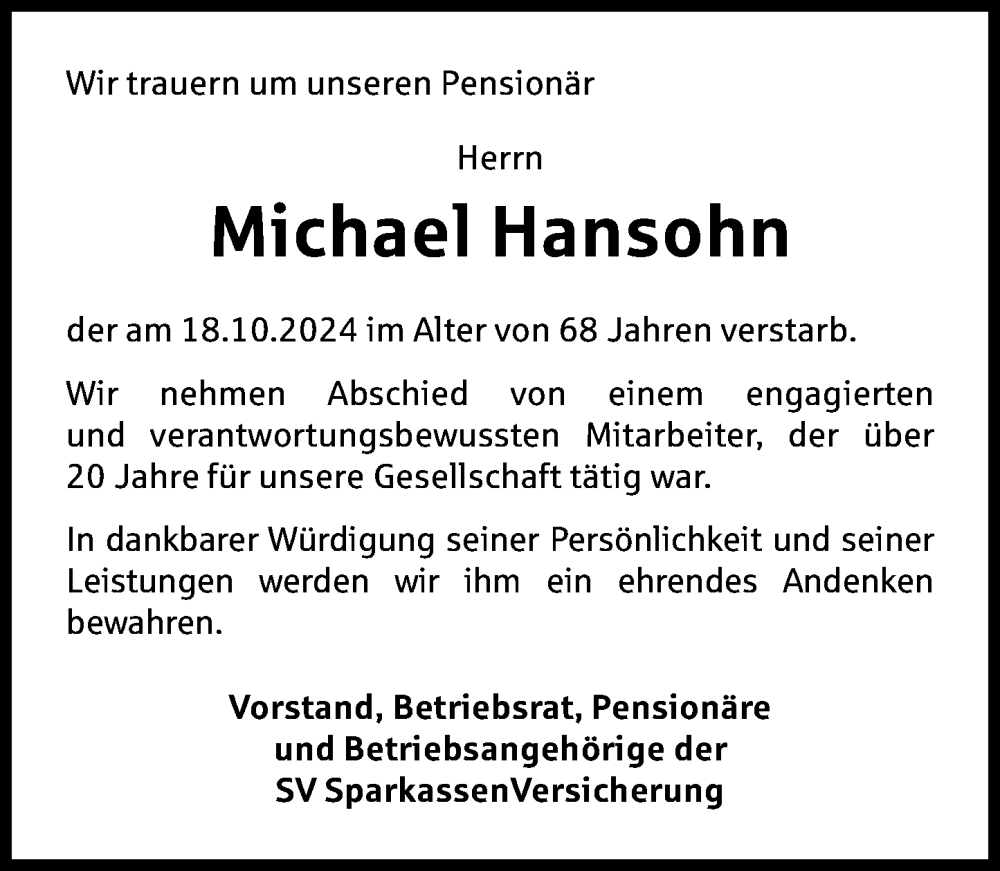  Traueranzeige für Michael Hansohn vom 02.11.2024 aus Wiesbadener Kurier