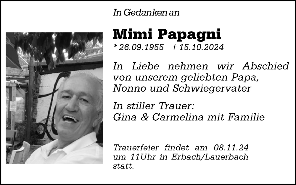  Traueranzeige für Mimi Papagni vom 02.11.2024 aus Odenwälder Echo