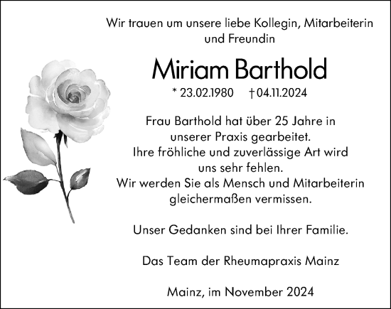 Traueranzeige von Miriam Barthold von Allgemeine Zeitung Mainz