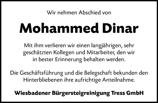 Traueranzeige von Mohammed Dinar von Wiesbadener Kurier