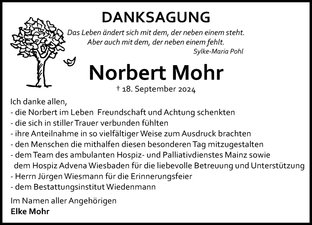  Traueranzeige für Norbert Mohr vom 16.11.2024 aus Allgemeine Zeitung Mainz