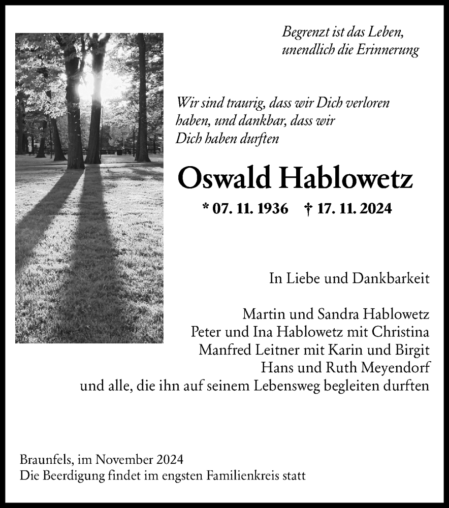  Traueranzeige für Oswald Hablowetz vom 22.11.2024 aus Wetzlarer Neue Zeitung