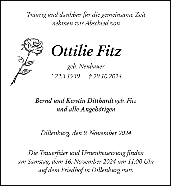 Traueranzeige von Ottilie Fitz von Dill Block