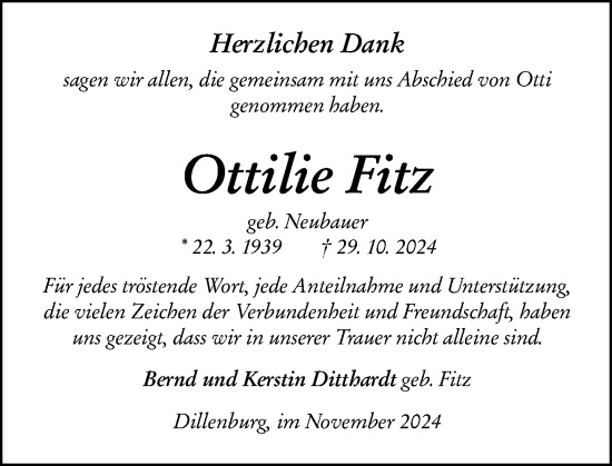 Traueranzeige von Ottilie Fitz von Dill Block