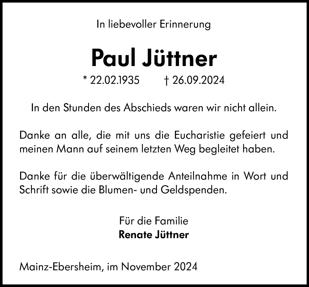  Traueranzeige für Paul Jüttner vom 30.11.2024 aus Allgemeine Zeitung Mainz