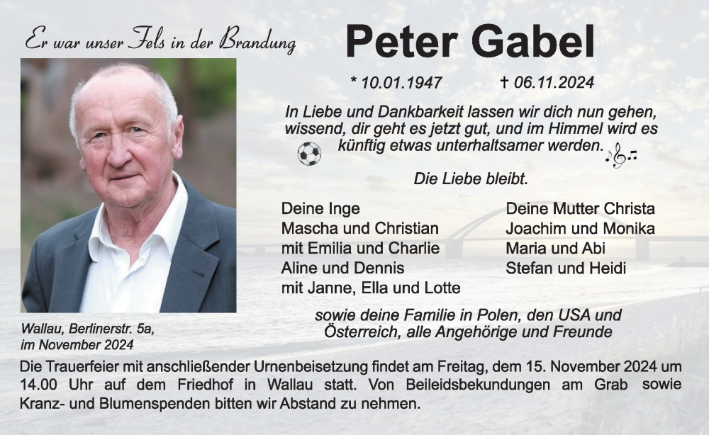  Traueranzeige für Peter Gabel vom 12.11.2024 aus Hinterländer Anzeiger