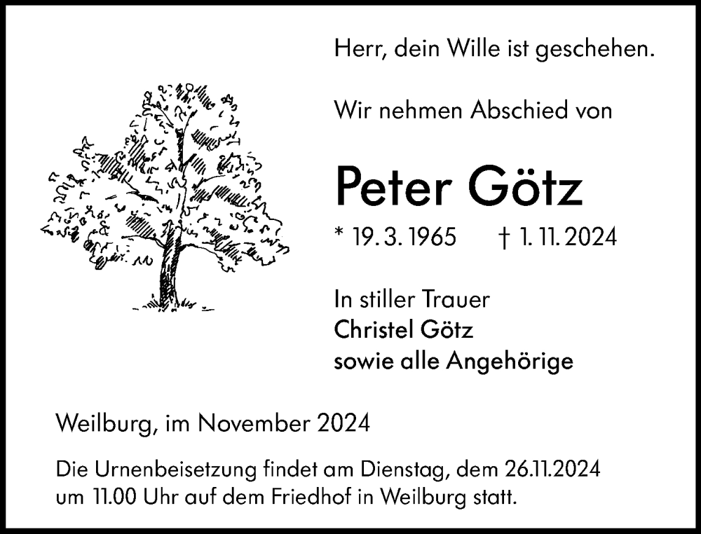  Traueranzeige für Peter Götz vom 23.11.2024 aus Weilburger Tageblatt
