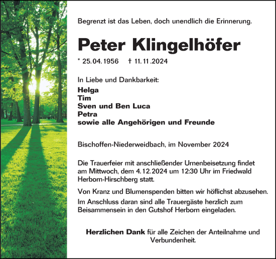 Traueranzeige von Peter Klingelhöfer von Dill Block