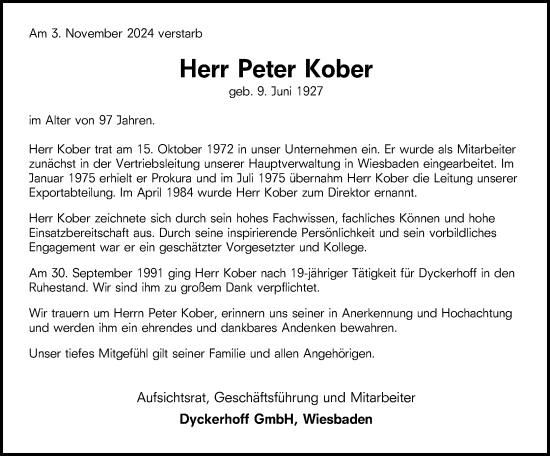 Traueranzeige von Peter Kober von Wiesbadener Kurier
