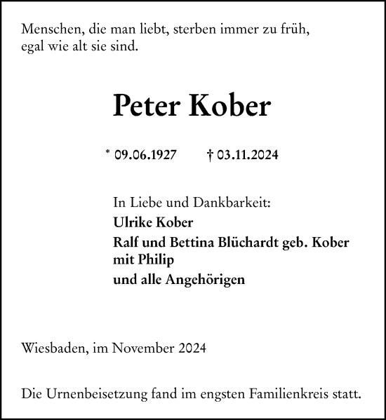 Traueranzeige von Peter Kober von Wiesbadener Kurier