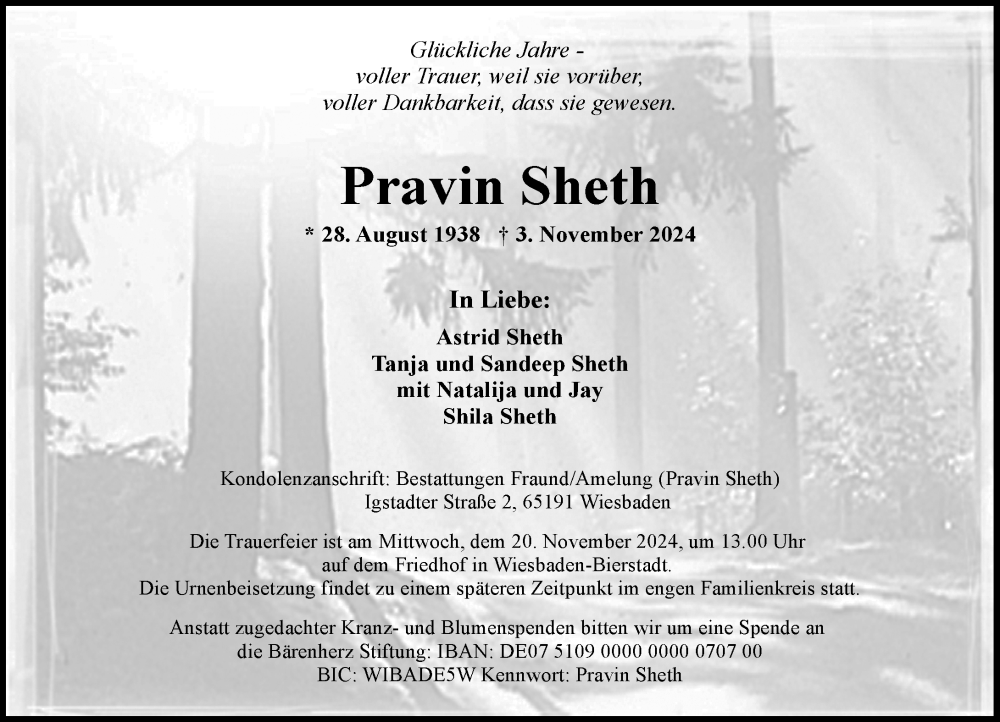  Traueranzeige für Pravin Sheth vom 09.11.2024 aus Wiesbadener Kurier