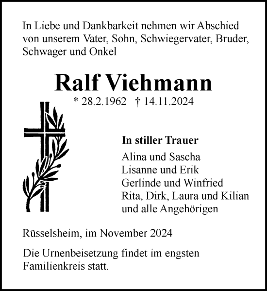 Traueranzeige von Ralf Viehmann von Rüsselsheimer Echo