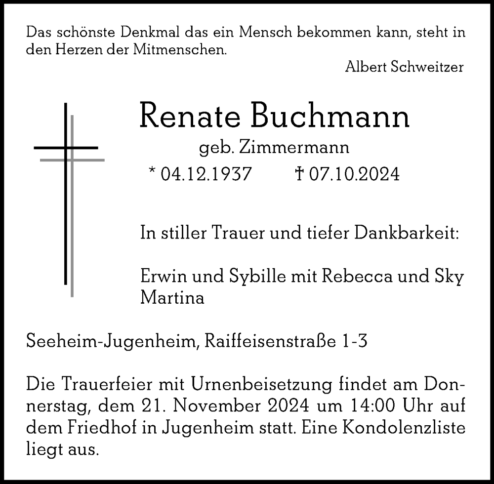  Traueranzeige für Renate Buchmann vom 16.11.2024 aus Darmstädter Echo