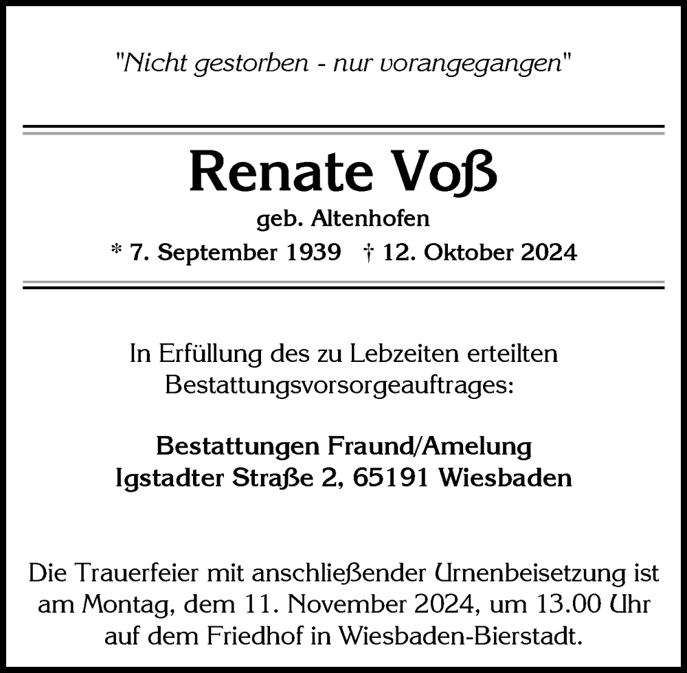  Traueranzeige für Renate Voß vom 02.11.2024 aus Wiesbadener Kurier
