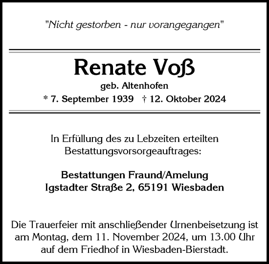 Traueranzeige von Renate Voß von Wiesbadener Kurier