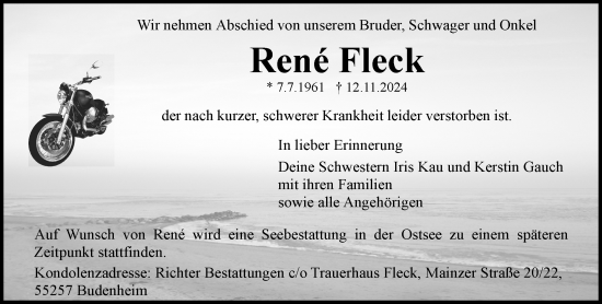 Traueranzeige von Rene Fleck von Allgemeine Zeitung Mainz