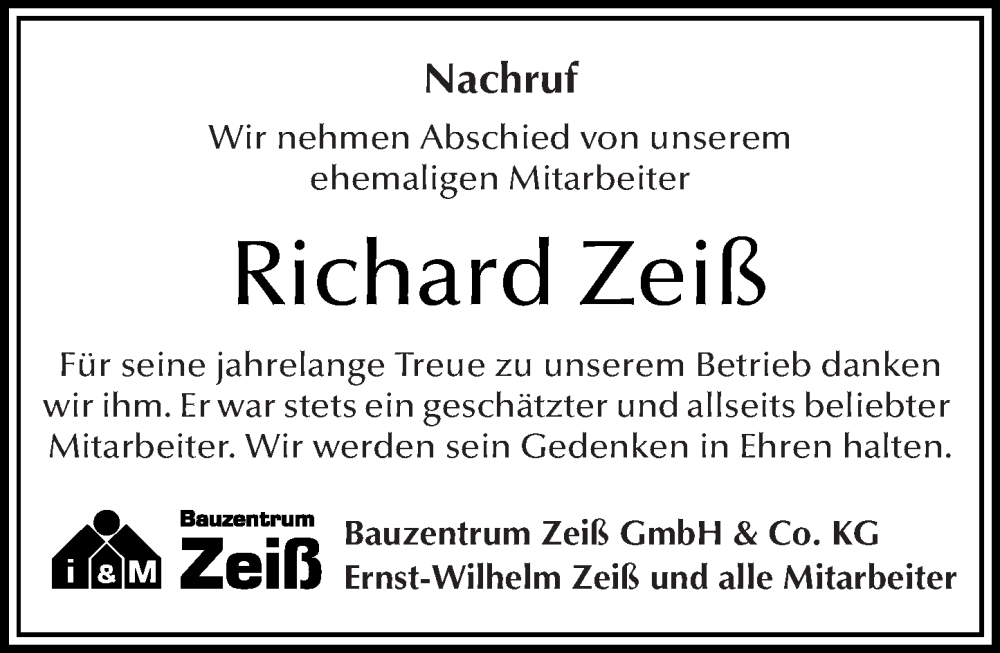  Traueranzeige für Richard Zeiß vom 21.11.2024 aus Starkenburger Echo