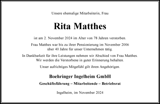 Traueranzeige von Rita Matthes von Allgemeine Zeitung Rheinhessen-Nahe