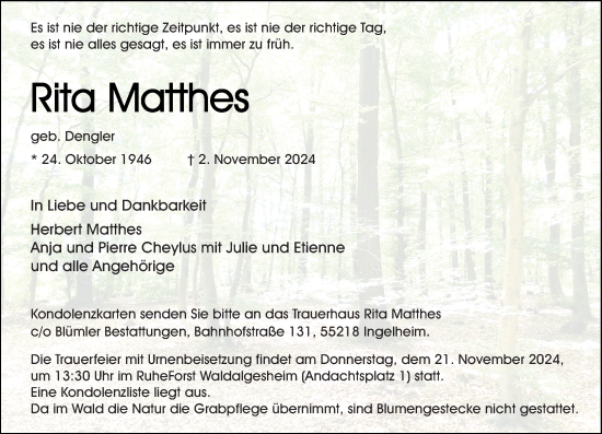 Traueranzeige von Rita Matthes von Allgemeine Zeitung Rheinhessen-Nahe