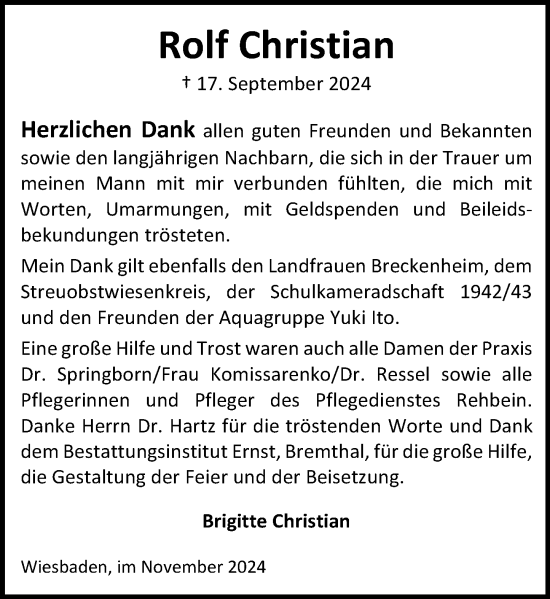 Traueranzeige von Rolf Christian von Wiesbadener Kurier