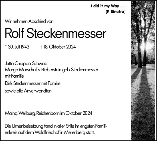 Traueranzeige von Rolf Steckenmesser von Weilburger Tageblatt
