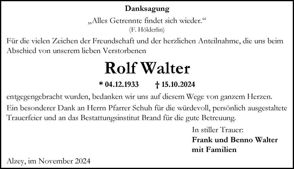  Traueranzeige für Rolf Walter vom 23.11.2024 aus Allgemeine Zeitung Alzey