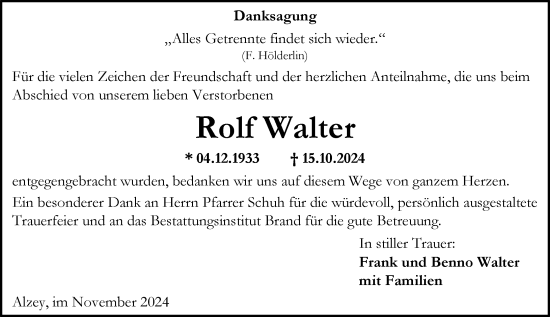 Traueranzeige von Rolf Walter von Allgemeine Zeitung Alzey