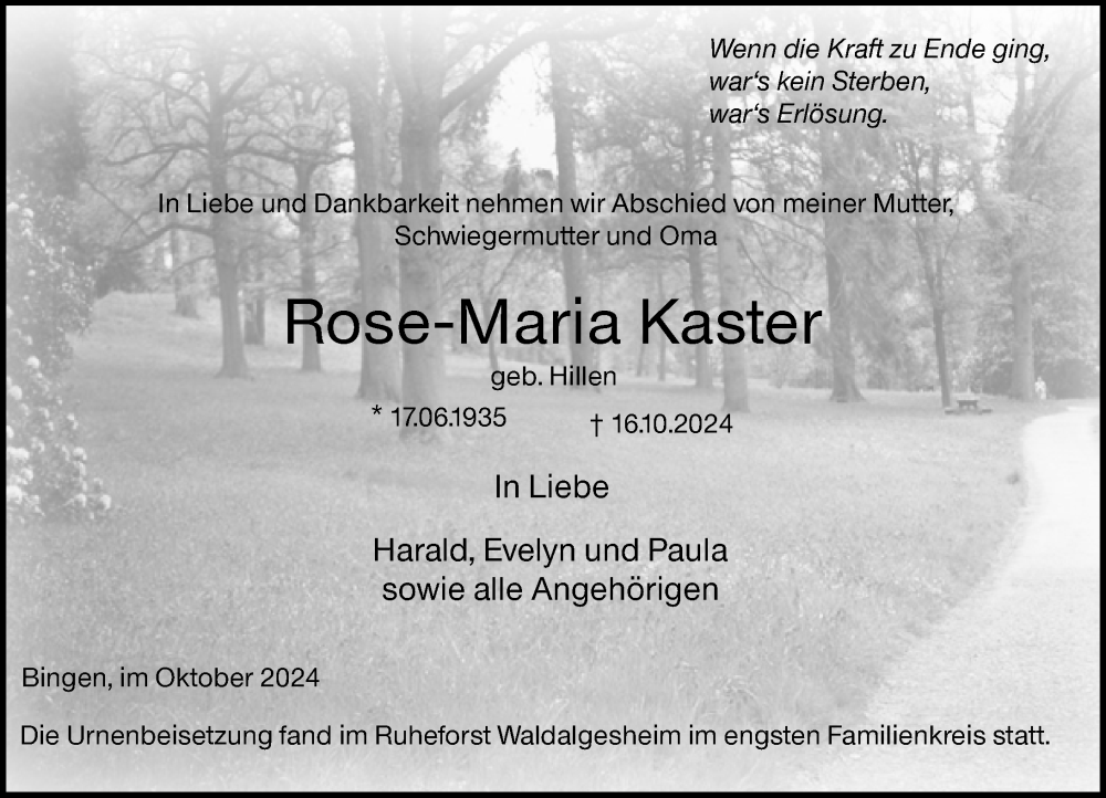  Traueranzeige für Rose-Maria Kaster vom 02.11.2024 aus Allgemeine Zeitung Rheinhessen-Nahe