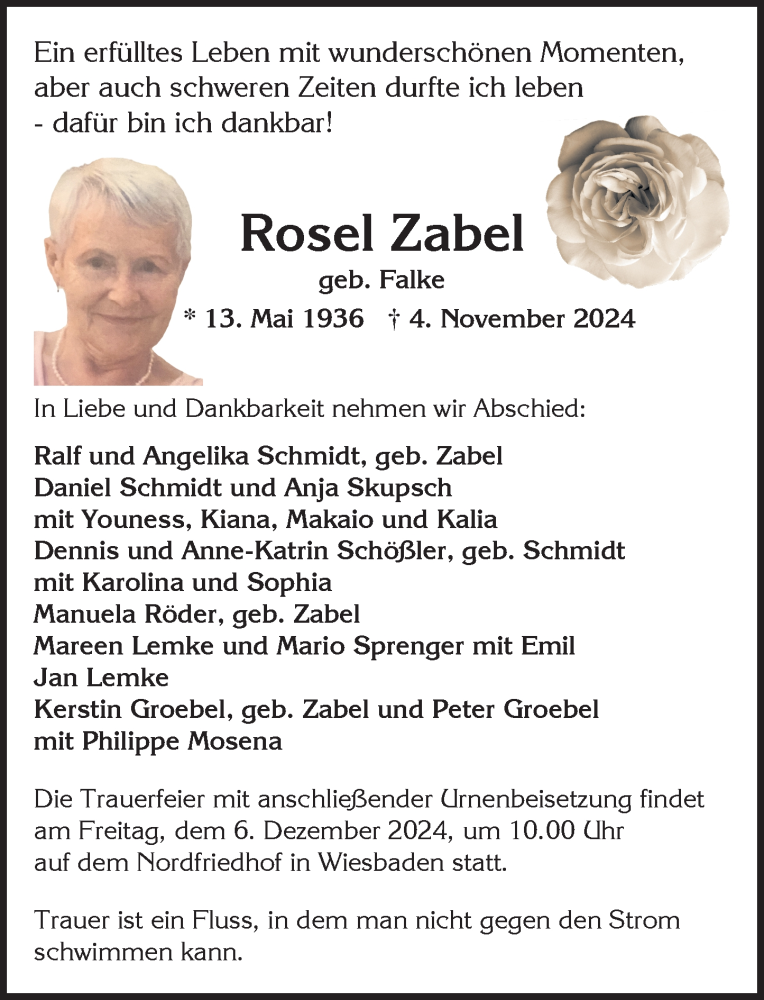  Traueranzeige für Rosel Zabel vom 16.11.2024 aus Wiesbadener Kurier