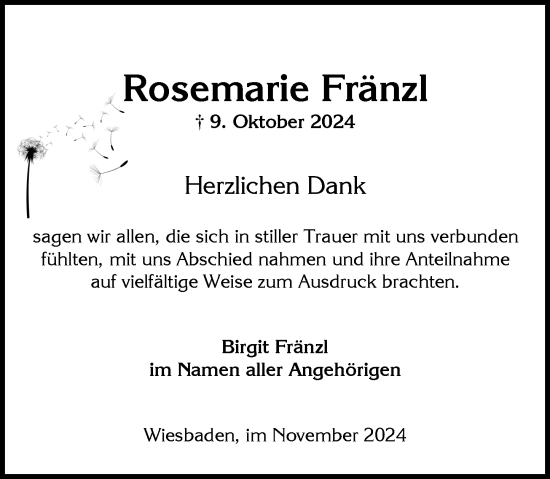 Traueranzeige von Rosemarie Fränzl von Wiesbadener Kurier