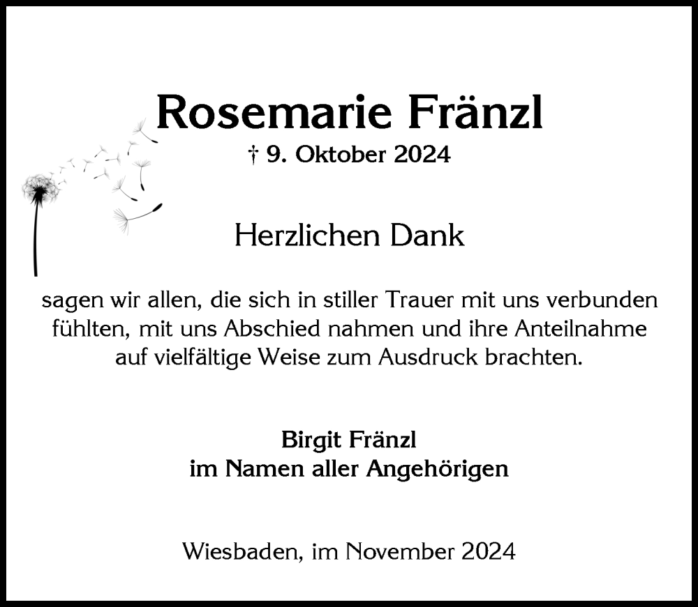  Traueranzeige für Rosemarie Fränzl vom 16.11.2024 aus Wiesbadener Kurier