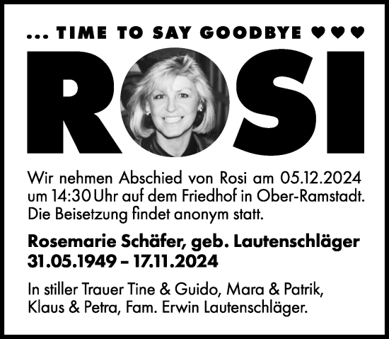 Traueranzeige von Rosemarie Schäfer von Darmstädter Echo