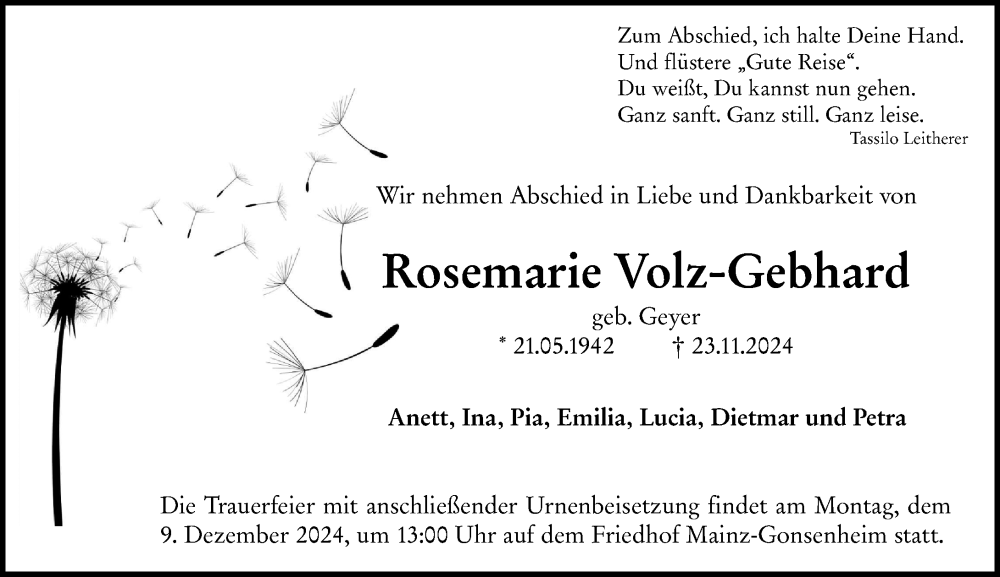  Traueranzeige für Rosemarie Volz-Gebhard vom 30.11.2024 aus Allgemeine Zeitung Mainz