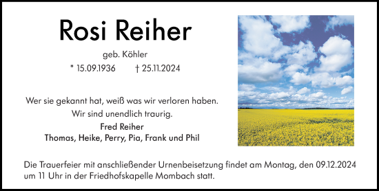 Traueranzeige von Rosi Reiher von Allgemeine Zeitung Mainz