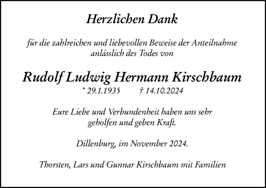Traueranzeige von Rudolf Ludwig Hermann Kirschbaum von Dill Block